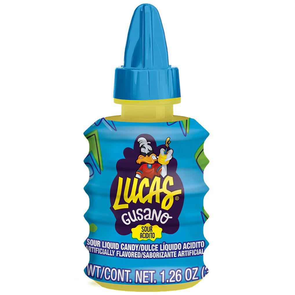 Lucas Gusano Liquid Candy bottle featuring Sour Acidito flavor with vibrant packaging design.