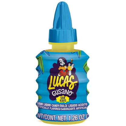 Lucas Gusano Liquid Candy bottle featuring Sour Acidito flavor with vibrant packaging design.