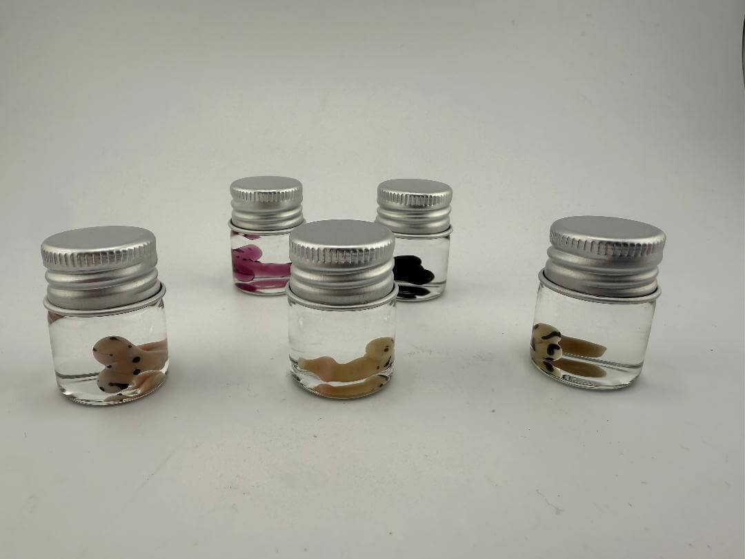 Lucky Gnome Glass Terp Pearls in jars with playful designs for dab accessories.