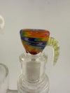 Colorful handcrafted glass bowl with swirl pattern, featuring a unique handle design for stylish use.