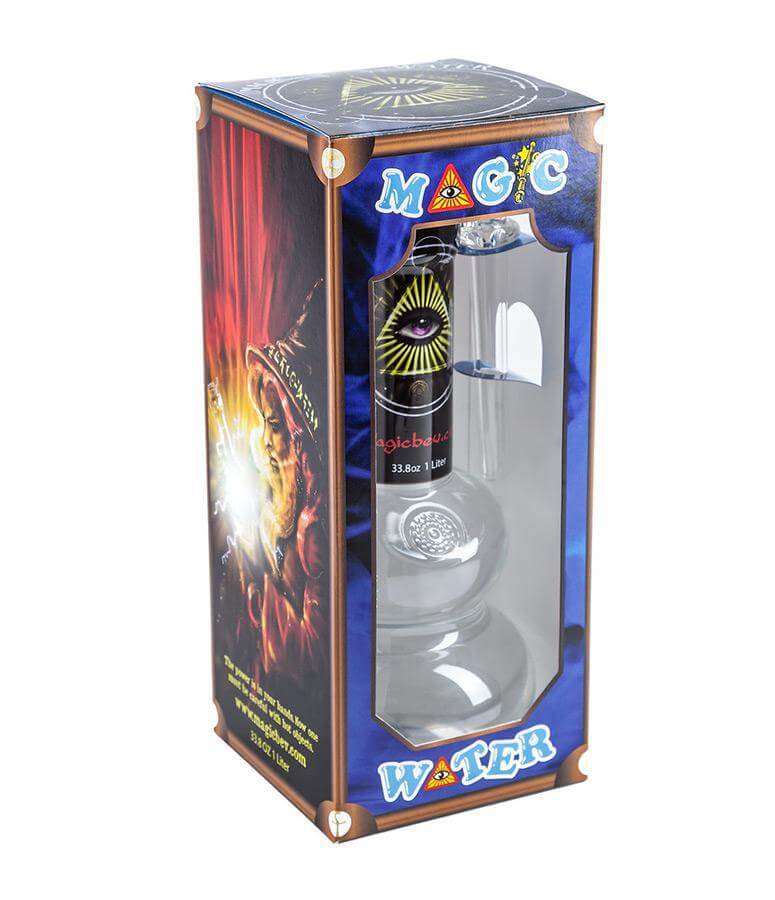 Magic Water Pipe packaging featuring a transparent box with a 33.8oz bottle and glass straw for refreshing enjoyment.
