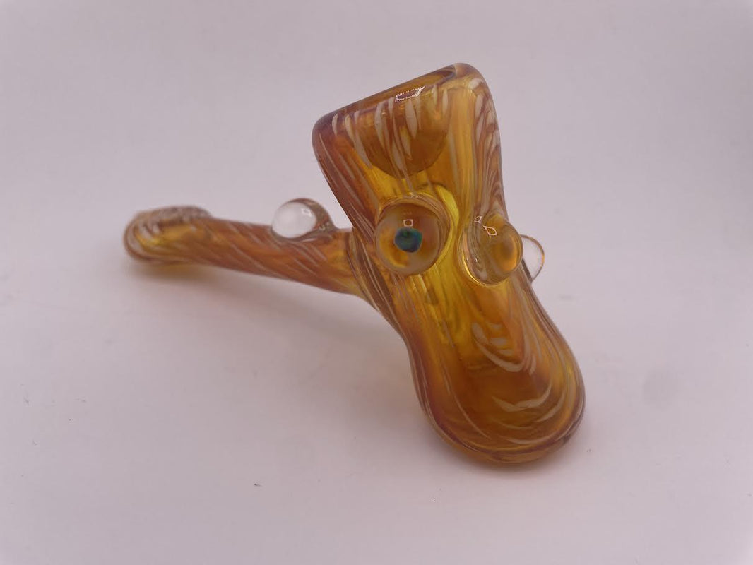 Mank Glass Dry Pipe - Hammer, handcrafted hammer-style pipe in yellow with bubbles and swirled design.