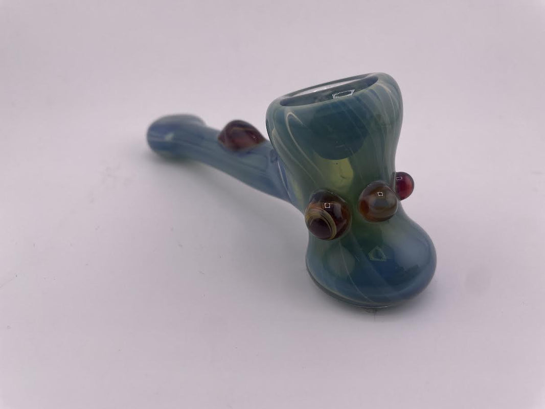 Mank Glass Dry Pipe - Hammer showcasing unique blue and green design with decorative marbles by artist Mank.