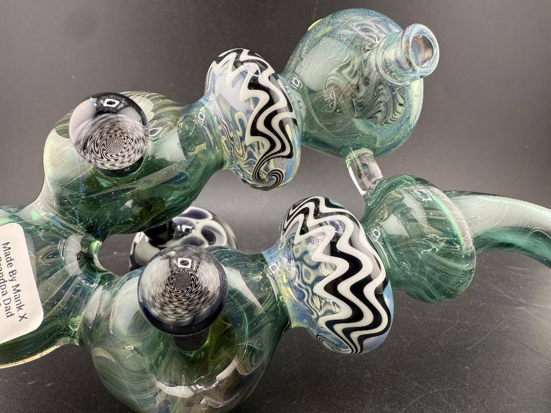 Mank Glass X Grandpa Dad Glass Sherlock Pipe -Teal w/  Jail Break  Sections ,  3 Doughnuts & Large Jail Break Marble