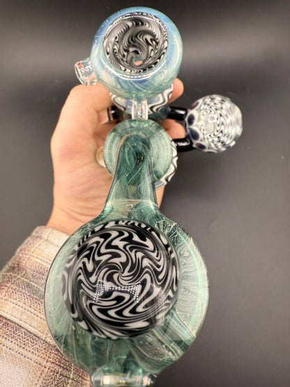 Mank Glass X Grandpa Dad Glass Sherlock Pipe -Teal w/  Jail Break  Sections ,  3 Doughnuts & Large Jail Break Marble held in hand.