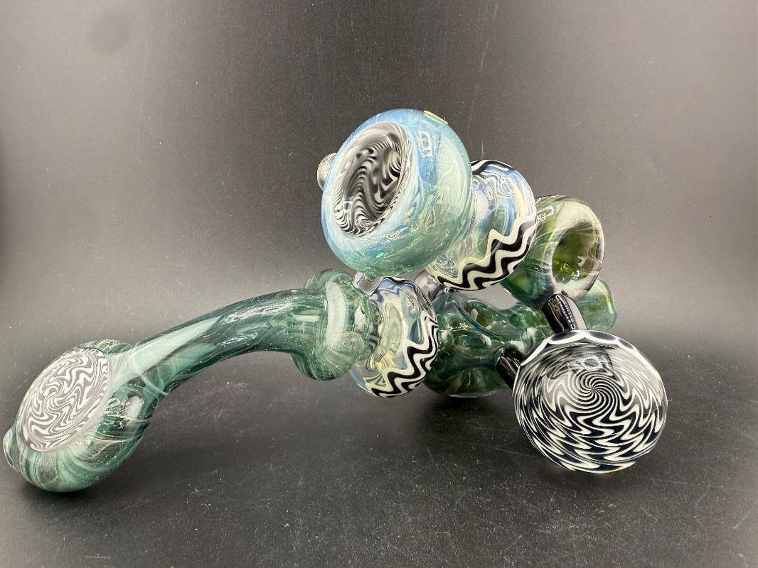 Mank Glass X Grandpa Dad Glass Sherlock Pipe -Teal w/  Jail Break  Sections ,  3 Doughnuts & Large Jail Break Marble