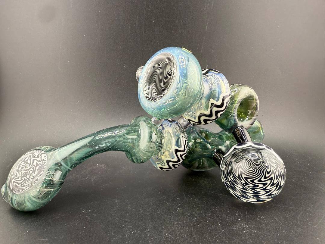 Mank Glass X Grandpa Dad Glass Sherlock Pipe -Teal w/  Jail Break  Sections ,  3 Doughnuts & Large Jail Break Marble