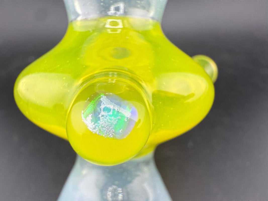 Mank Glass Hammer Pipe - Light Blue & Yellow w/ Encased Opal close-up of encased opal detail and vibrant colors.