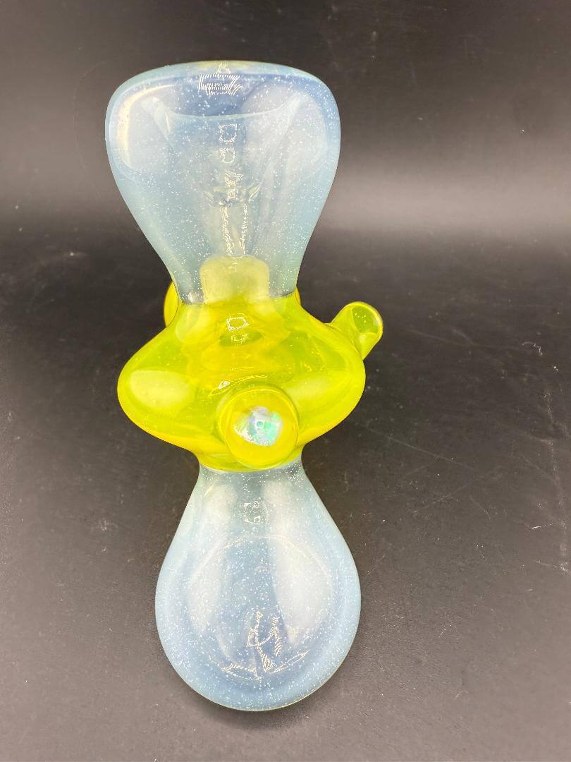 Mank Glass Hammer Pipe - Light Blue & Yellow w/ Encased Opal featuring vibrant colors and a unique design.
