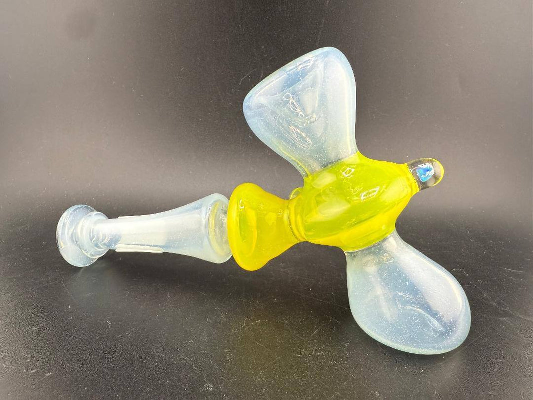 Mank Glass Hammer Pipe - Light Blue & Yellow w/ Encased Opal showcasing vibrant colors and unique design on a black background.