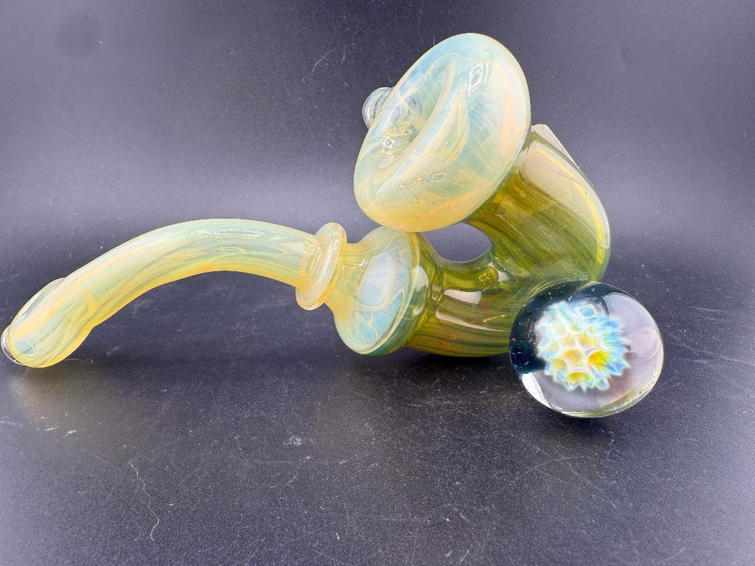 Mank Glass Sherlock Pipe - Green & Fumed Sherlock w/ Marble Implosion showcasing vibrant colors and unique design.