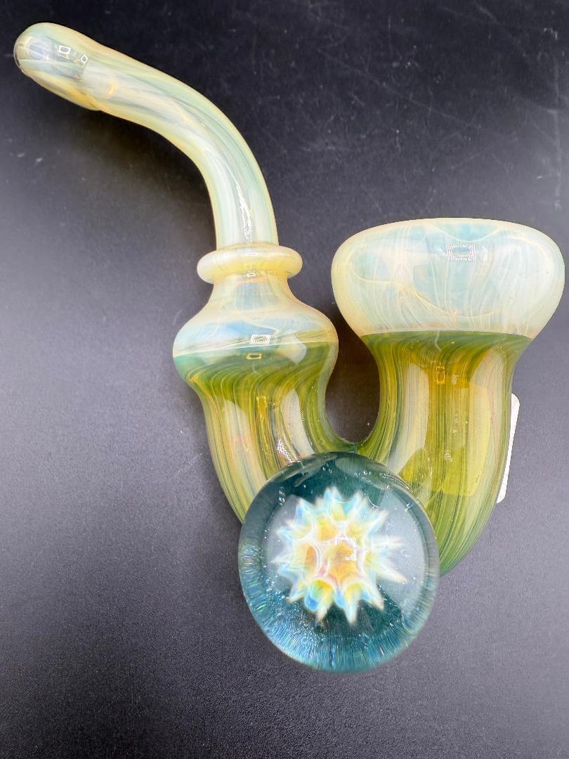 Mank Glass Sherlock Pipe - Green & Fumed Sherlock w/ Marble Implosion showcasing unique design and craftsmanship.