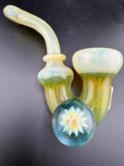 Mank Glass Sherlock Pipe - Green & Fumed Sherlock w/ Marble Implosion showcasing unique design and craftsmanship.