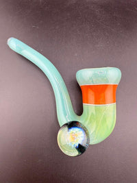 Mank Glass Sherlock Pipe - Green & Orange w/ Implosion Marble Attachment showcasing vibrant colors and design.