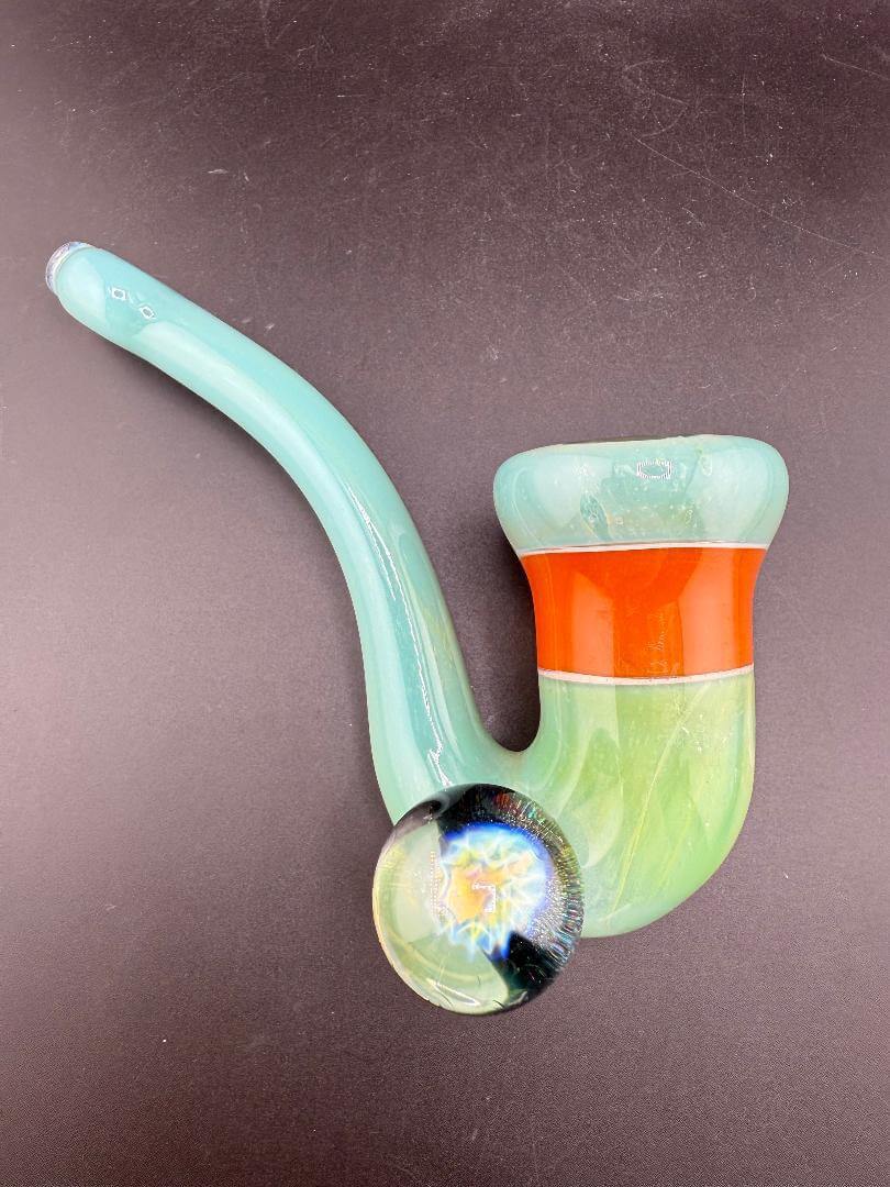 Mank Glass Sherlock Pipe - Green & Orange w/ Implosion Marble Attachment showcasing vibrant colors and design.