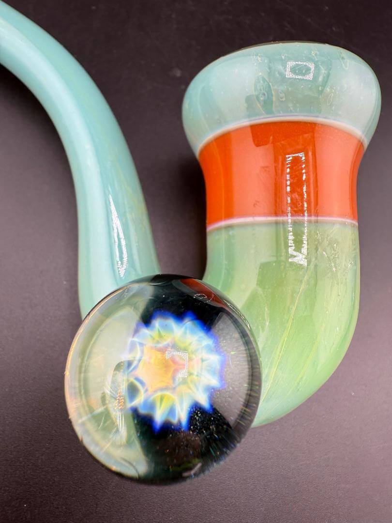 Mank Glass Sherlock Pipe - Green & Orange w/ Implosion Marble Attachment showcasing vibrant colors and intricate design.