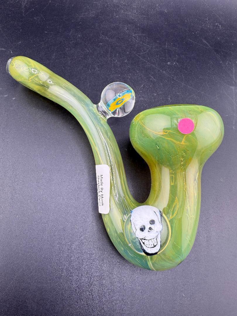 Mank Glass Sherlock Pipe - Green w/ Skull Millie showcasing vibrant green color and detailed skull millie design.