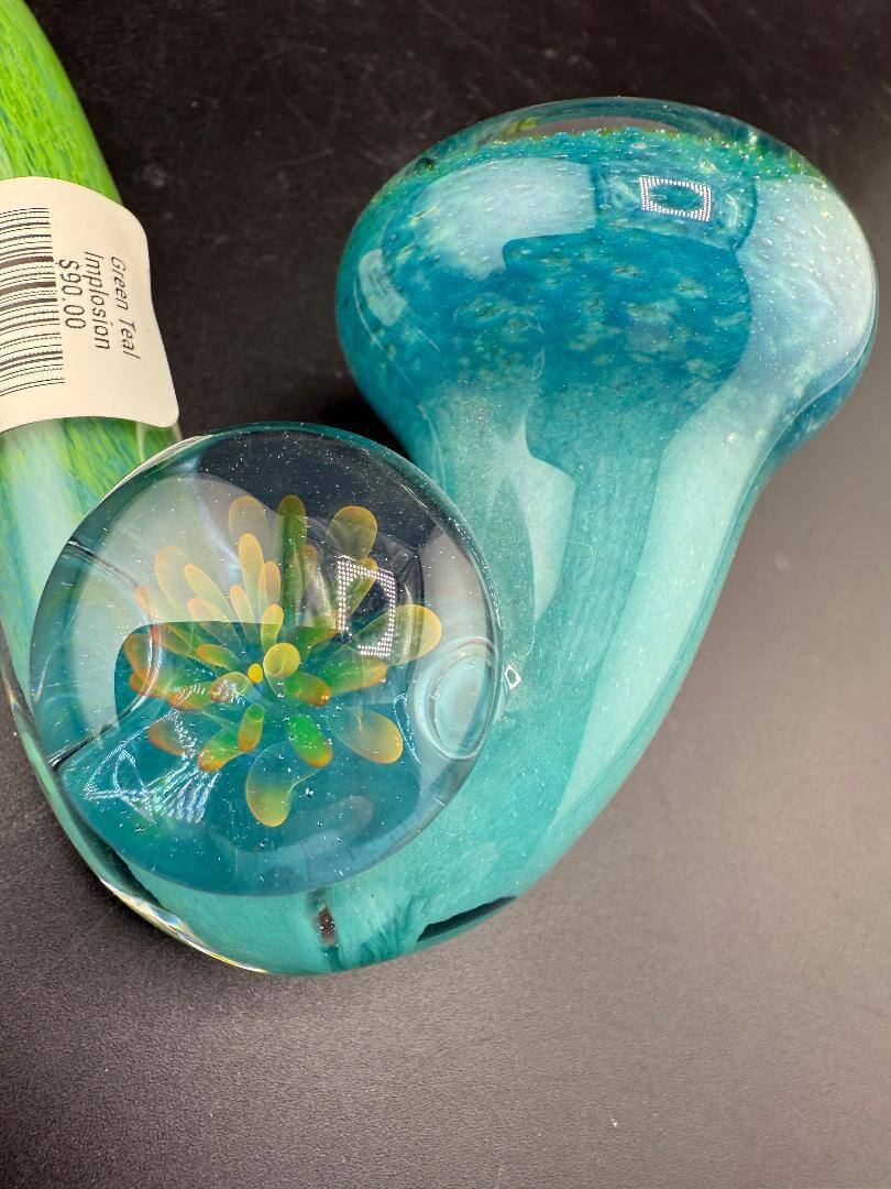 Mank Glass Sherlock Pipe - Green & Teal w/ Implosion Marble Attachment showcasing vibrant colorwork and detailed design.
