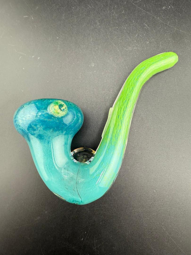 Mank Glass Sherlock Pipe - Green & Teal w/ Implosion Marble Attachment showing vibrant colorwork and detailed design.