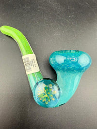 Mank Glass Sherlock Pipe - Green & Teal w/ Implosion Marble Attachment with vibrant colors and unique design.
