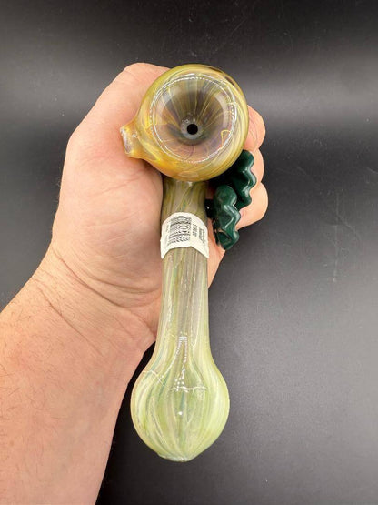 Mank Glass Sherlock Pipe - Green & Yellow Fade w/ Seashell Attachment held in hand