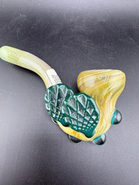 Mank Glass Sherlock Pipe - Green & Yellow Fade w/ Seashell Attachment on a black background.