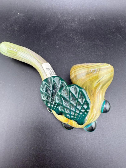 Mank Glass Sherlock Pipe - Green & Yellow Fade w/ Seashell Attachment on a black background.