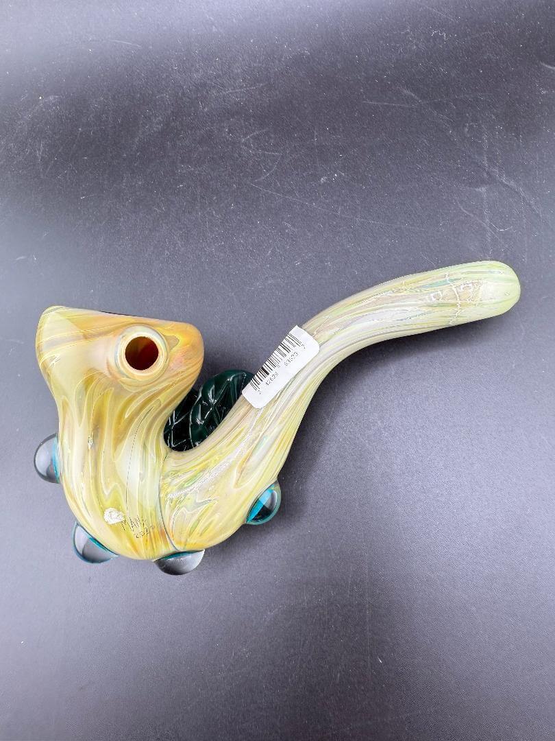 Mank Glass Sherlock Pipe - Green & Yellow Fade w/ Seashell Attachment showcasing a unique design with vibrant colors.