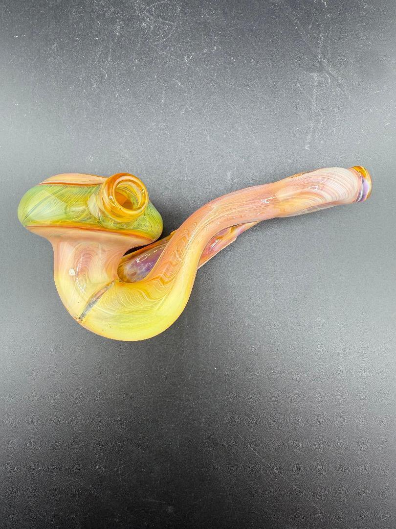 Mank Glass Sherlock Pipe - Peach w/ Doughnut Mouthpiece featuring vibrant colors and unique design.