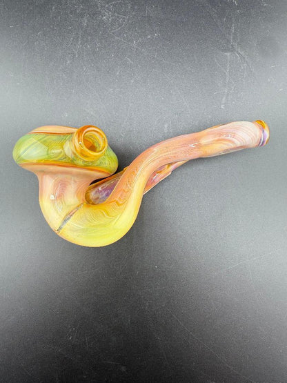 Mank Glass Sherlock Pipe - Peach w/ Doughnut Mouthpiece featuring vibrant colors and unique design.