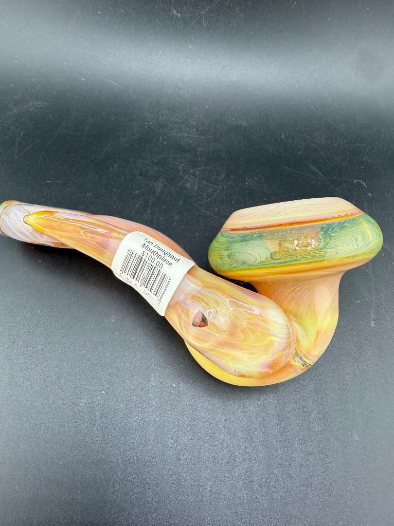 Mank Glass Sherlock Pipe - Peach w/ Doughnut Mouthpiece showcasing vibrant colors and unique design.