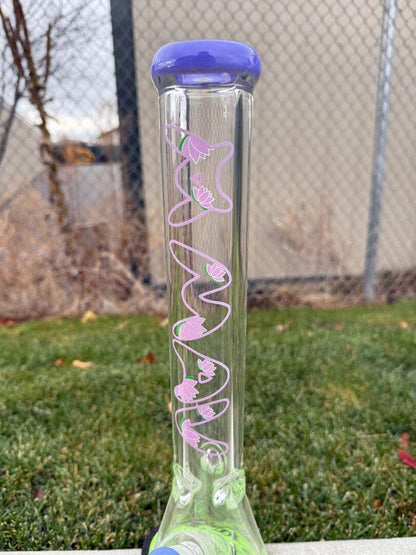 MAV Glass 9mm Thick 18" Beaker - Purple Lotus showcasing beautiful purple lotus design and durable borosilicate glass.