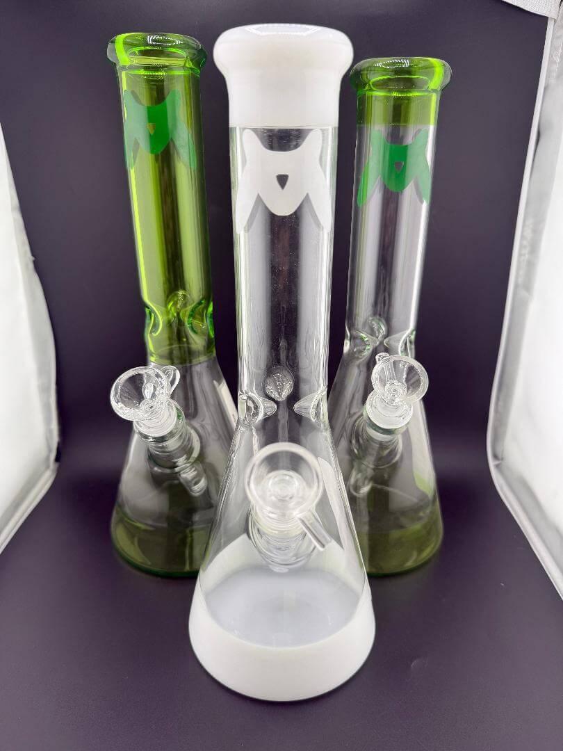 MAV Glass B44 12" Color Accent Beaker 14mm 45° - Green, White, and Double Green variations in view.