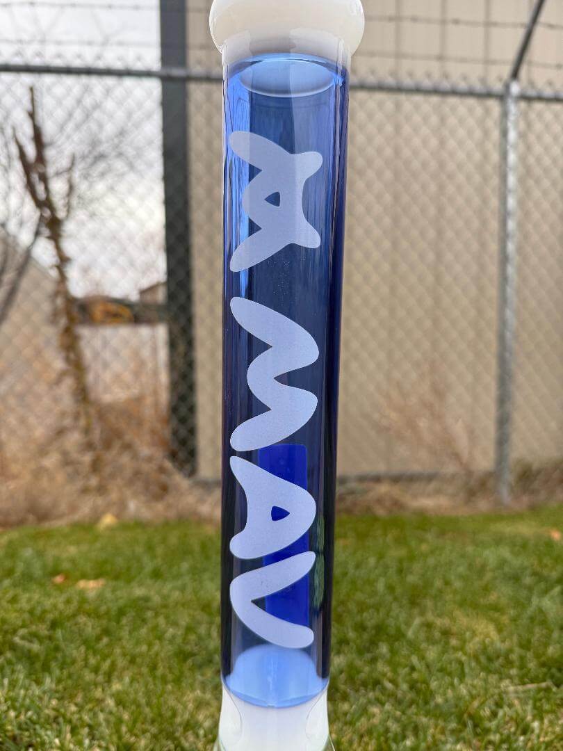 MAV Glass18" Beaker 14mm 45°- Hermosa Blue & White showing vibrant blue design and logo.