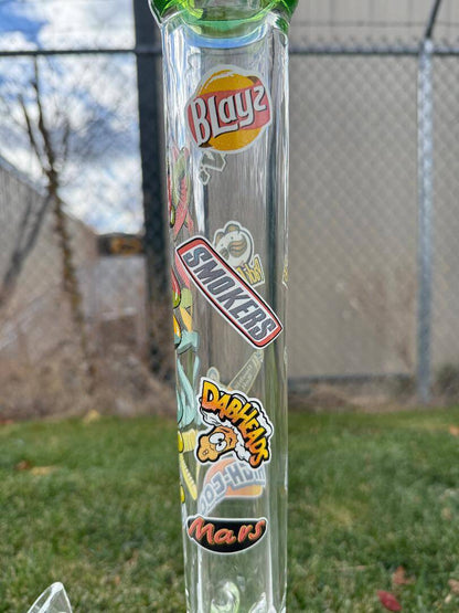 MAV Glass 18" Beaker 14mm 45° - Munchies featuring vibrant stickers like Blayz and Smokers.