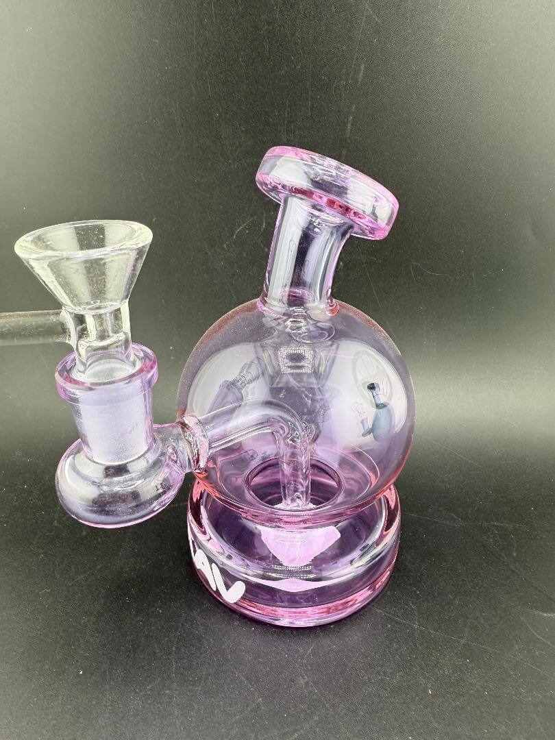 MAV Glass Vintage Bulb 4" Rig 14mm 90° in transparent pink color with unique bulb shape and stylish design.