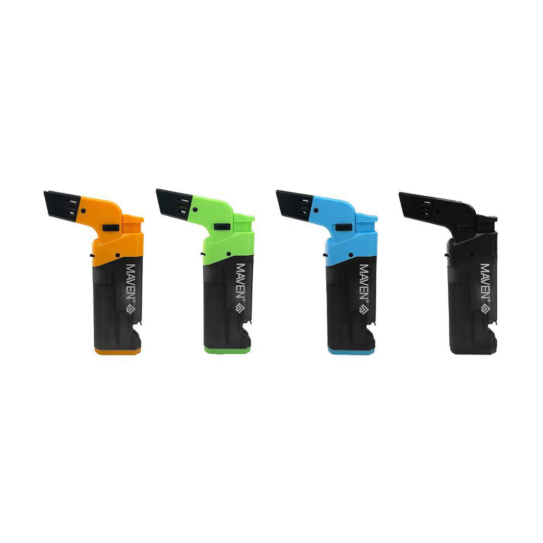 Maven Popper Mini Torch collection featuring four colorful butane torches in orange, green, blue, and black.