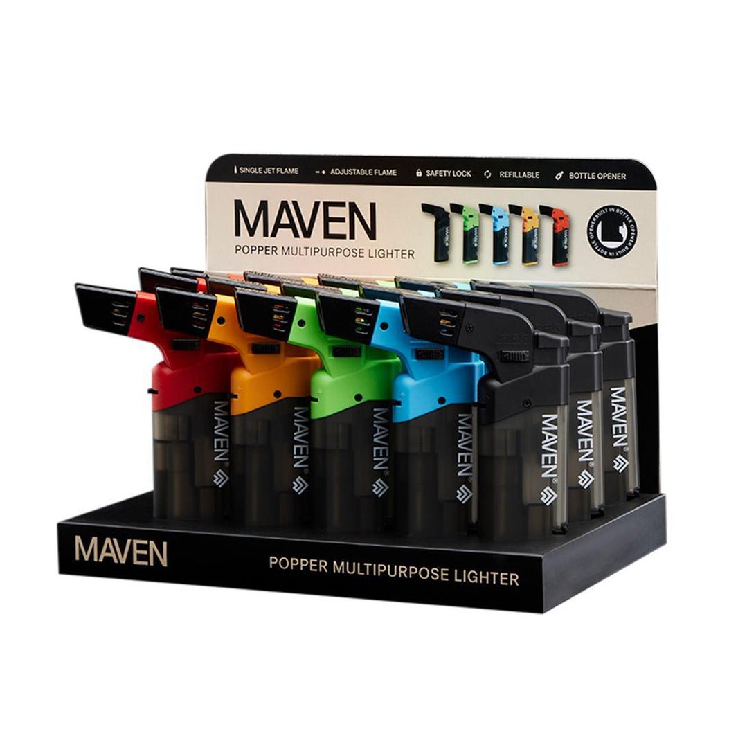 Maven Popper Mini Torch display featuring assorted colors, highlighting its two-in-one lighter and bottle opener functionality.