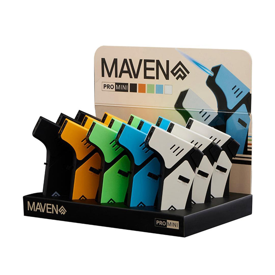 Maven Pro Mini Torch display featuring various colors in a sleek design, ideal for lighting with style.