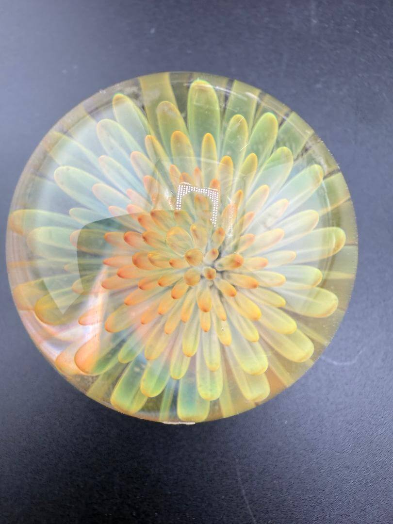 McDoogIe Glass Marble – 36mm Gold Fume Implosion featuring vibrant color shifts and deep internal craftsmanship.