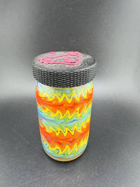 McDoogle Glass Borosilicate Baller Jar with colorful swirls and Grateful Dead Bear lid, handmade in Spokane.