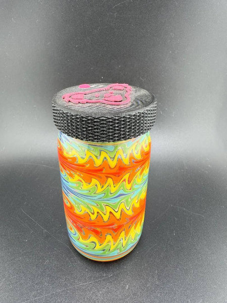 McDoogle Glass Borosilicate Baller Jar with colorful swirls and Grateful Dead Bear lid, handmade in Spokane.