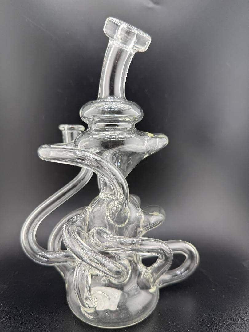 Mcdoogle Glass Clear Experimental Recycler 10mm 90° showcasing unique glass design and craftsmanship in Spokane, WA.