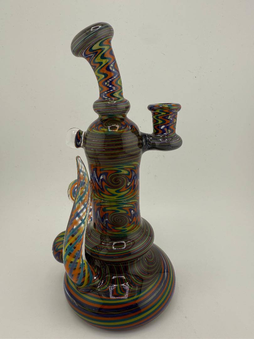 Mcdoogle Glass Fully Worked Wig Wag Rig in teal, yellow, orange with vibrant patterns, 10mm 90° handblown design.