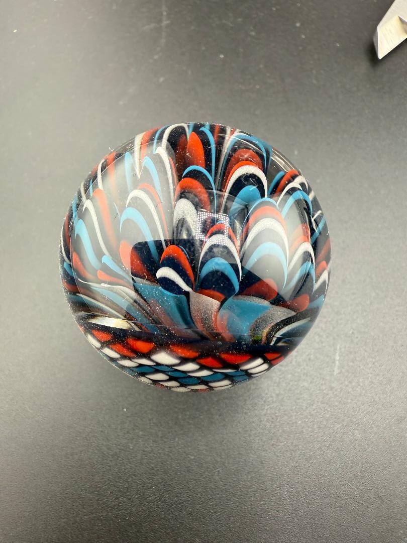 Mcdoogle Glass Marble - 41mm Red White & Blue Implosion & Fillacello with intricate design and vibrant colors.