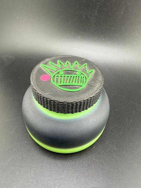 McDoogle Glass Nug Jar in Green and Black, Boognish design, handcrafted borosilicate storage jar from Spokane, WA.