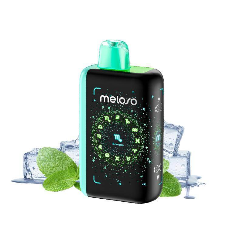 Meloso Bar 30K disposable vape in Scorpio design with mint and ice background, showcasing modern vaping innovation.