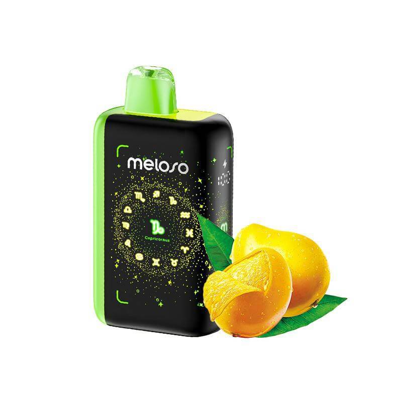 Geek Bar Meloso Zodiac Magic 30K disposable vape with mango and leaf, showcasing cosmic design elements.