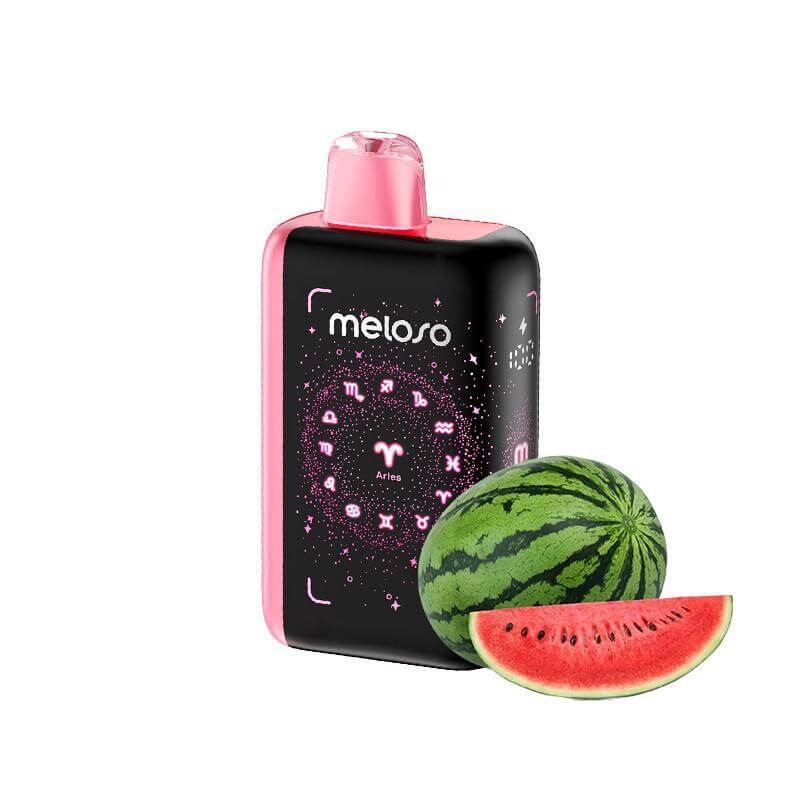 Meloso Bar 30K disposable vape in black with pink accents next to fresh watermelon slices.