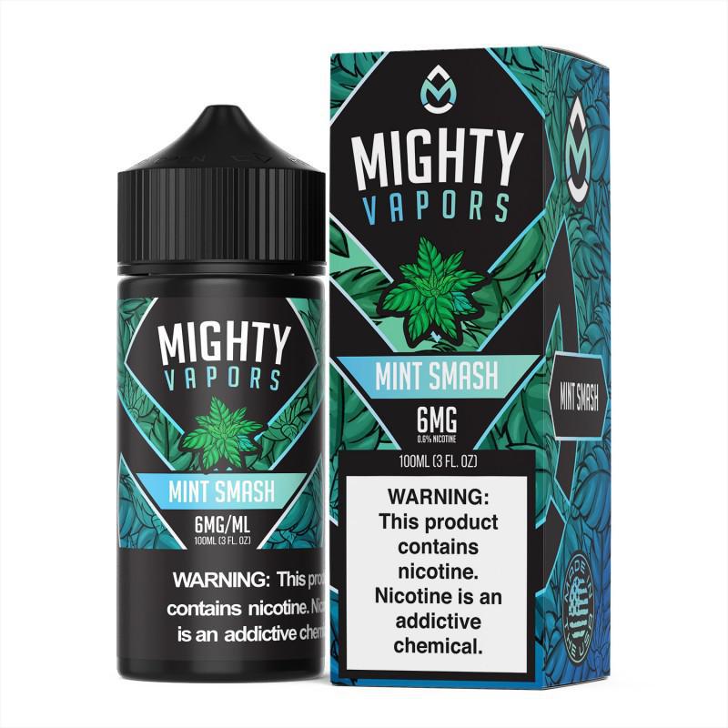 100ml bottle of Mighty Vapors Mint Smash e-liquid with packaging and nicotine warning.